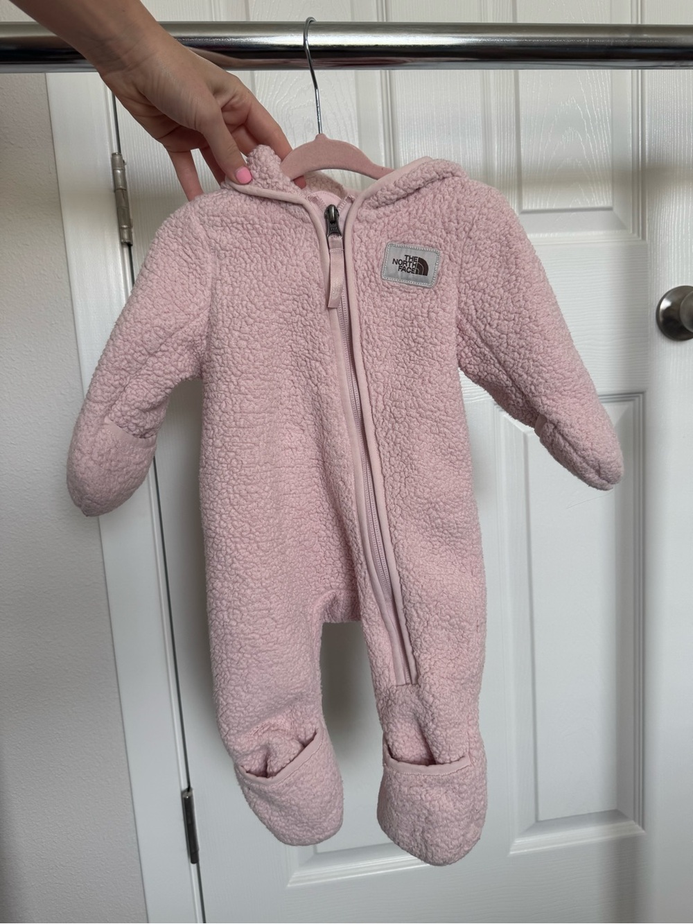 The North Face Pink Sherpa Fleece Infant Hooded One-Piece